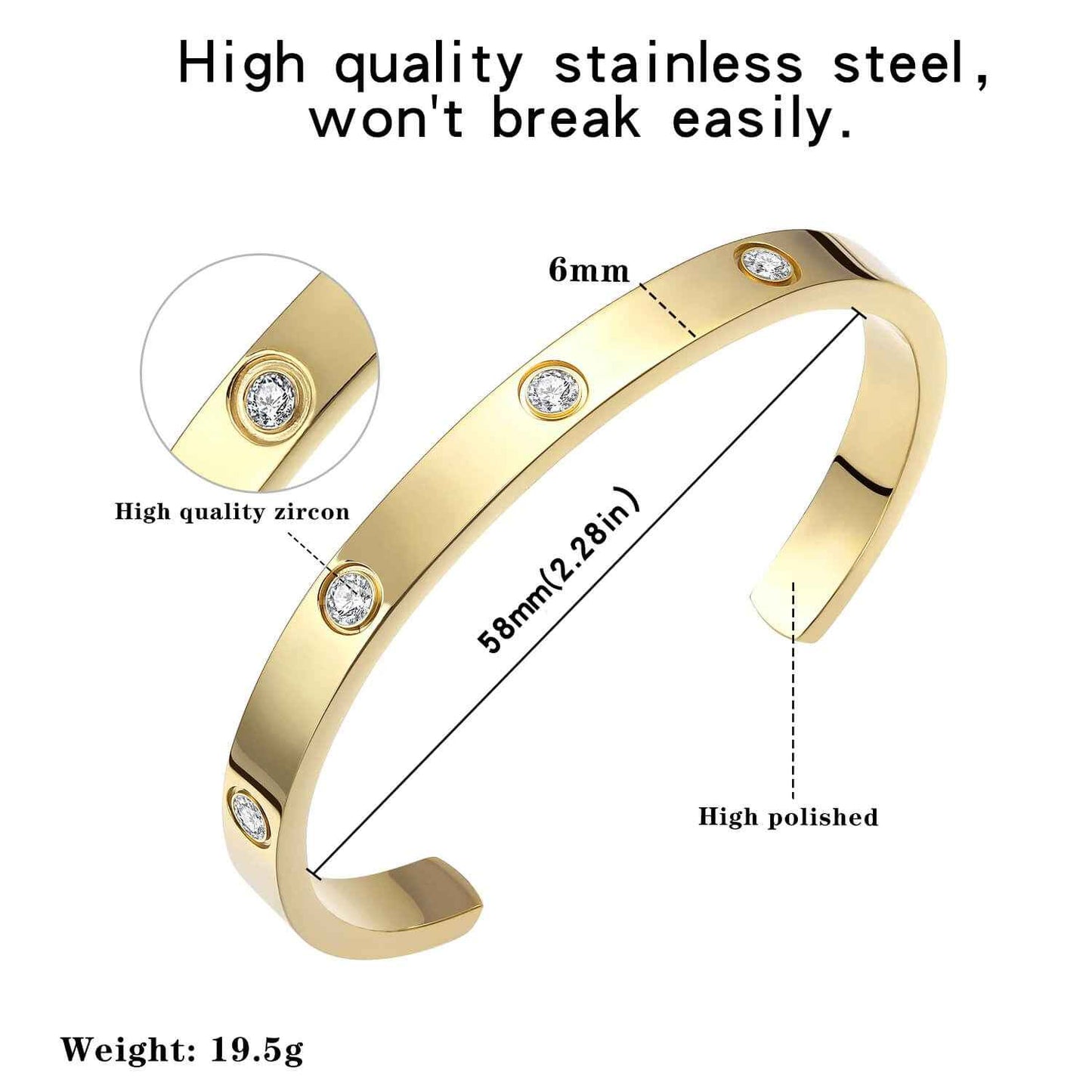 Gold cuff bracelet with zirconia, labeled with dimensions and features like high polish, 6mm width, and 58mm diameter.