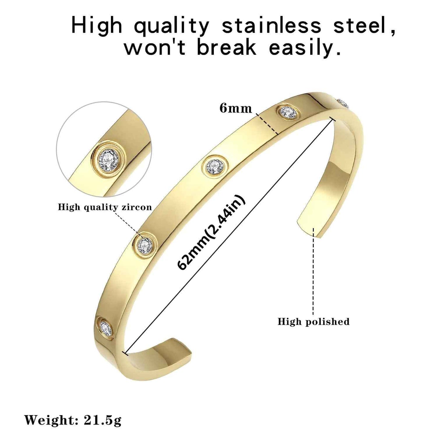 Gold cuff bracelet with zirconia, 62mm diameter and 6mm width, labeled as high-polished and made from durable stainless steel.