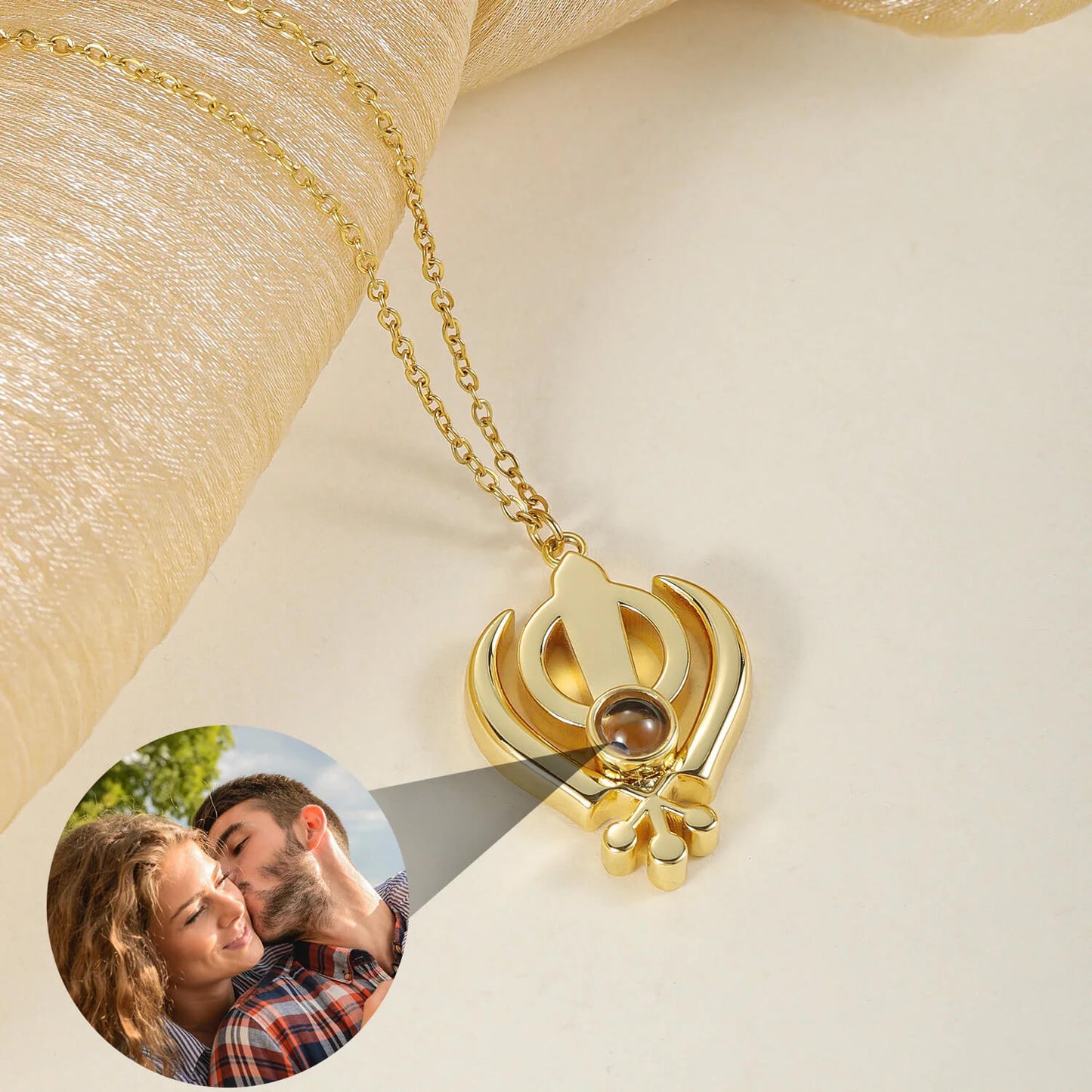 Gold 3D Khanda Pendant Necklace projecting a custom photo, blending Sikh symbolism with personalized jewelry design.