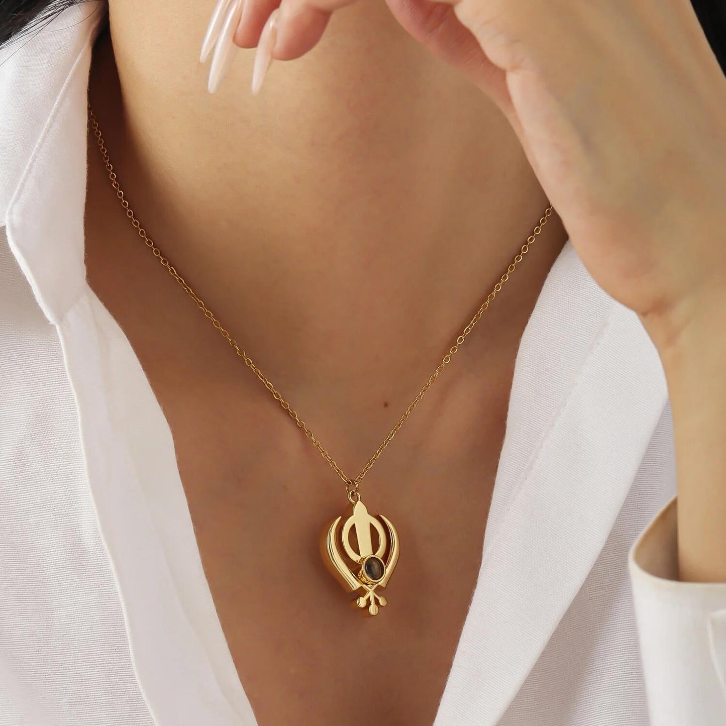 Elegant gold 3D Khanda Pendant Necklace displayed on model, ideal for spiritual expression and personalized gifting.