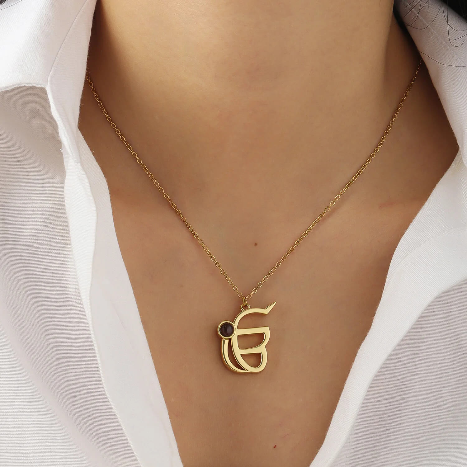 Gold 3D Punjabi Projection Necklace worn on neck, emphasizing the pendant's spiritual and custom design.