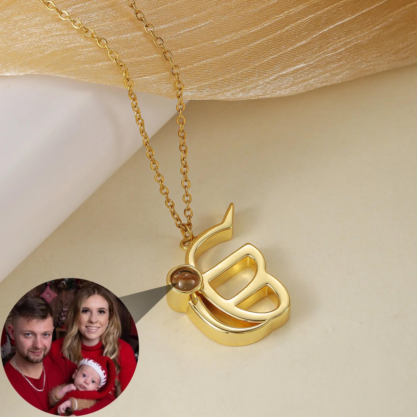 Gold 3D Punjabi Projection Necklace with custom photo projection, showcasing a family image inside the pendant.