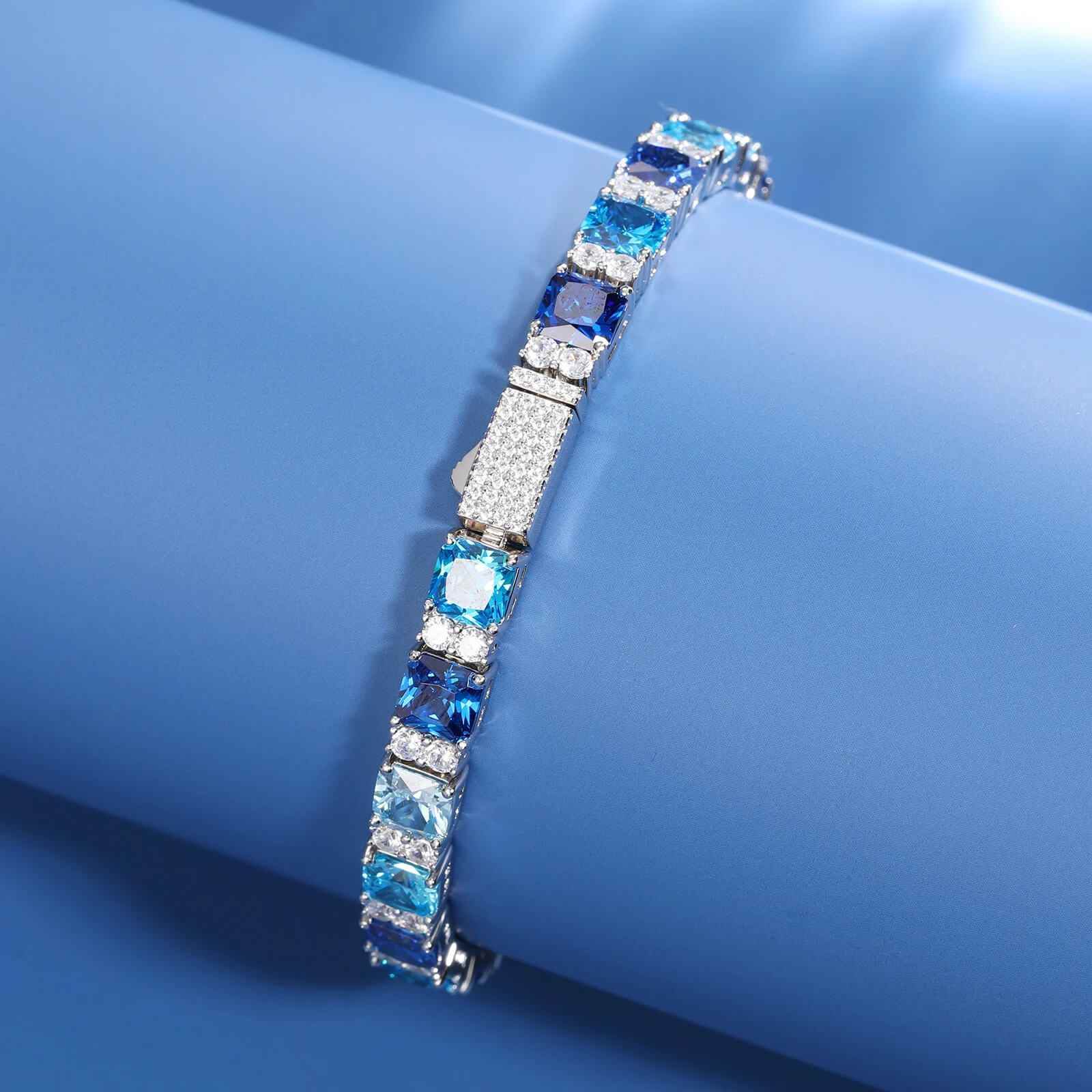 925 Iced Out Blue Square Tennis Bracelet - RIYOVA Jewelry