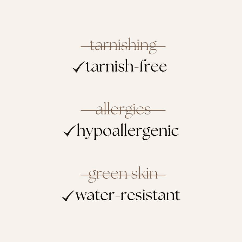Bracelet feature chart showing the cuff is tarnish-free, hypoallergenic, and water-resistant, ideal for sensitive skin and daily wear.