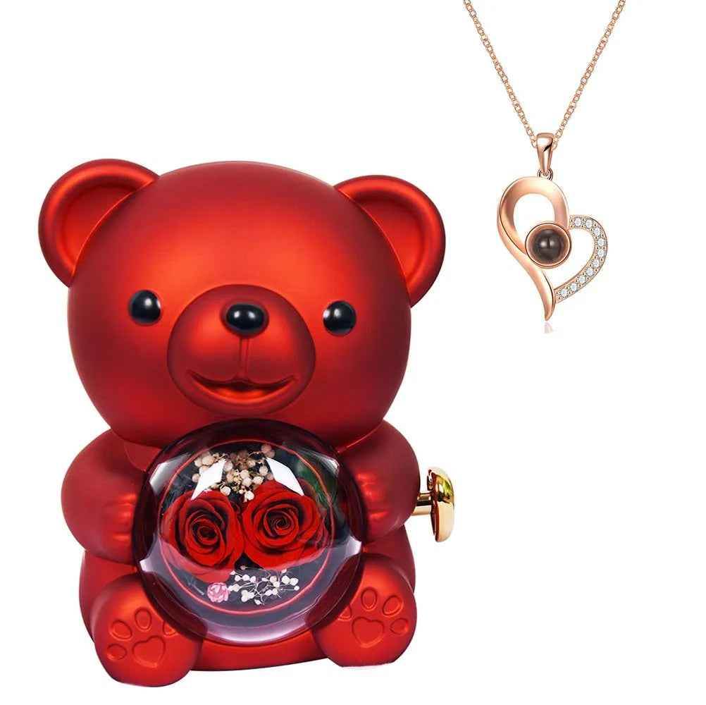 RIYOVA Two Eternal Rose Teddy Bear Projection Necklace - RIYOVA Jewelry