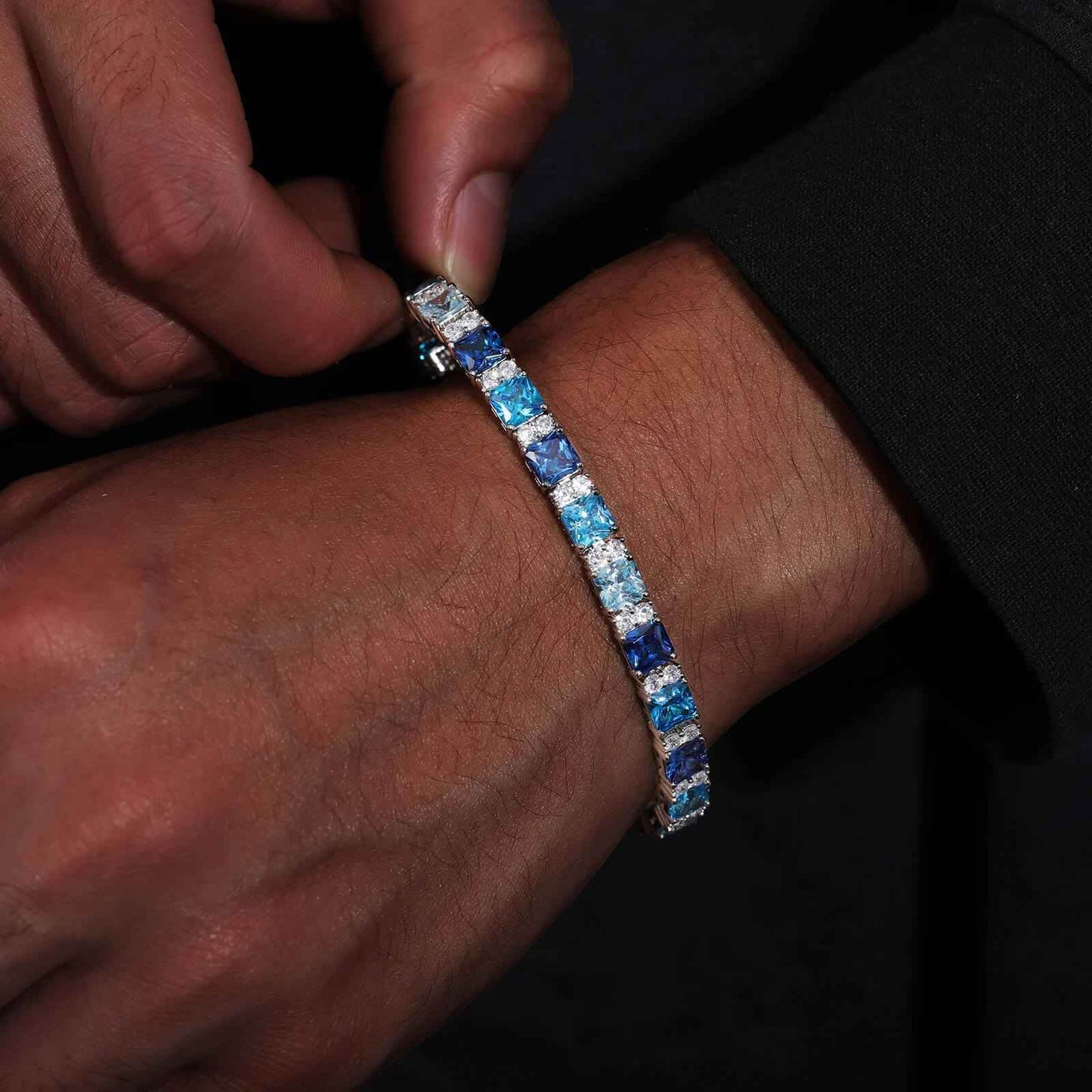 925 Iced Out Blue Square Tennis Bracelet - RIYOVA Jewelry
