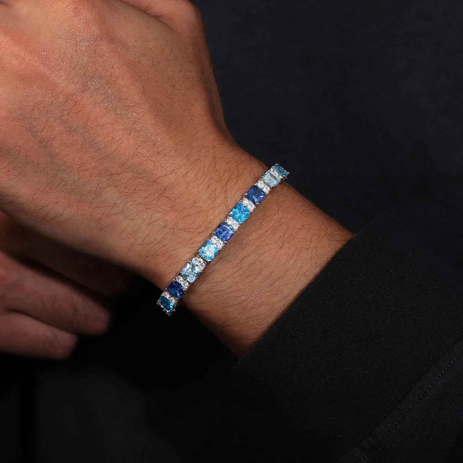 925 Iced Out Blue Square Tennis Bracelet - RIYOVA Jewelry