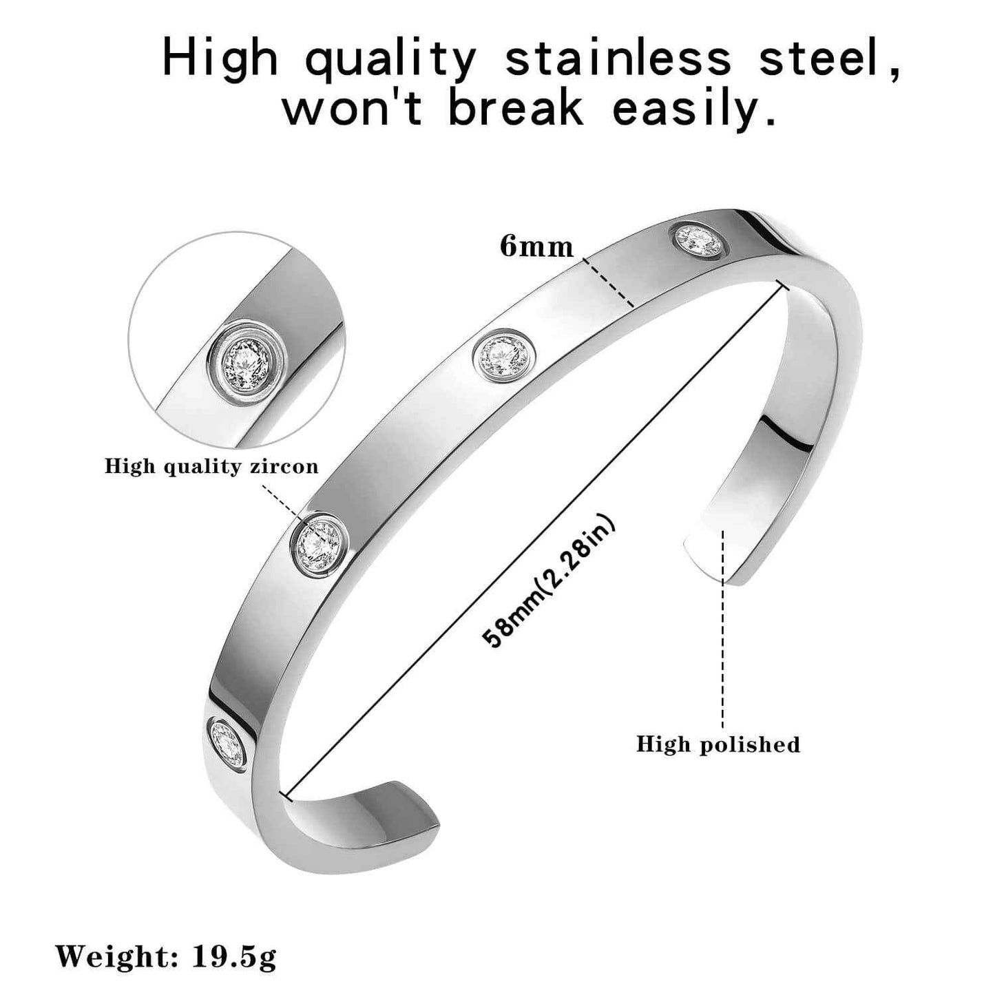 Silver cuff bracelet with zirconia stones, 58mm diameter and 6mm width, labeled as high-polished and stainless steel.