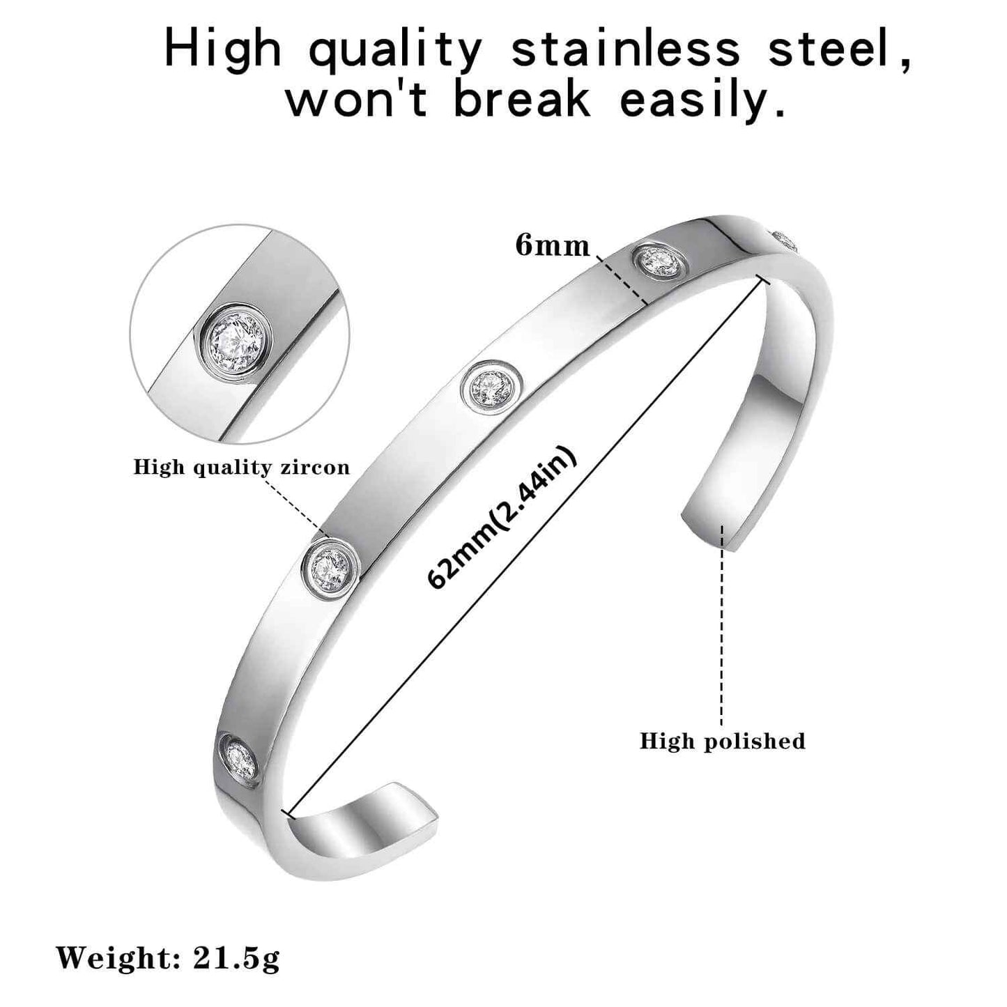 Silver cuff bracelet with zirconia, 62mm diameter and 6mm width, highlighting its high-polished stainless steel construction.