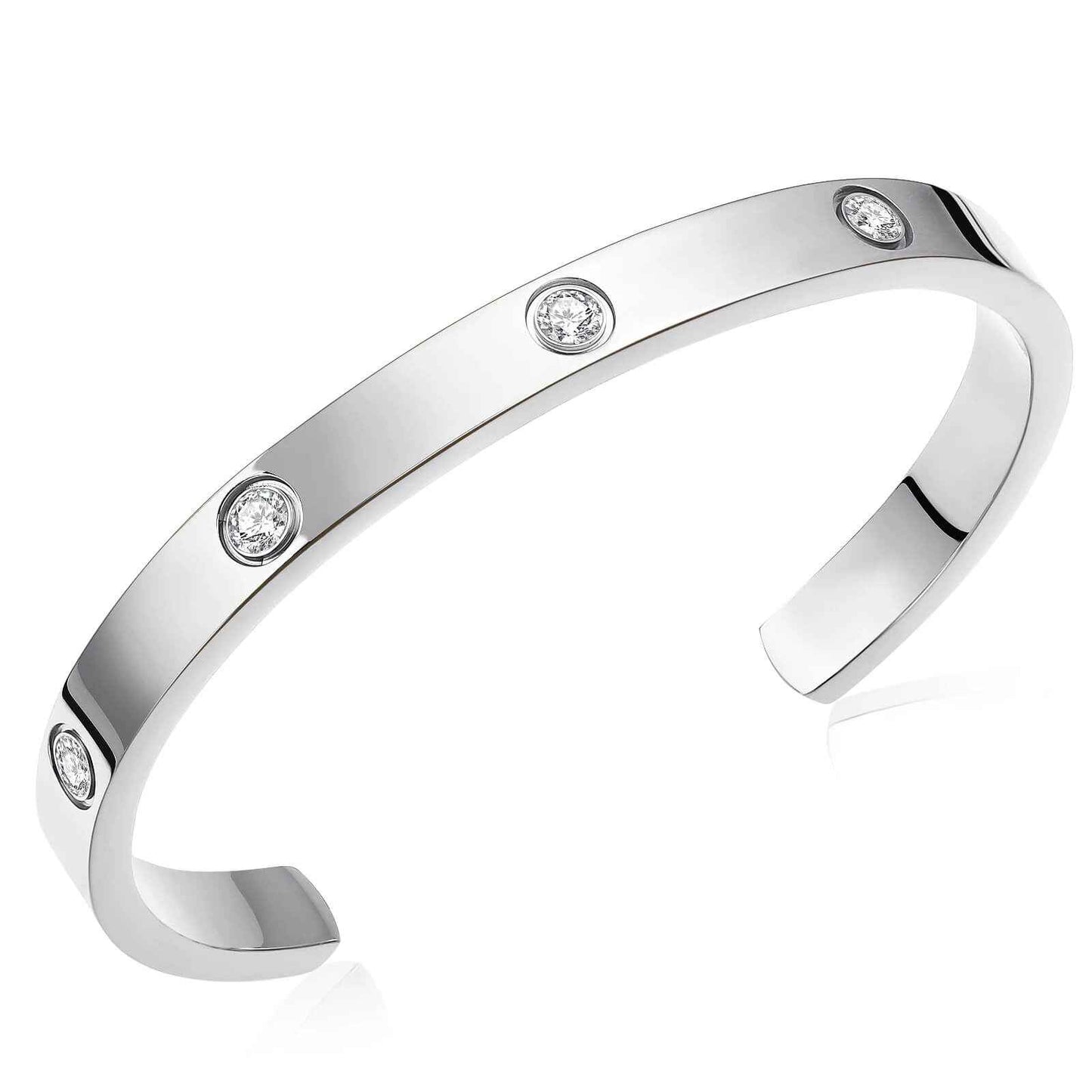 Minimalist silver love cuff bracelet featuring embedded zirconia, crafted from stainless steel for a waterproof and elegant finish.