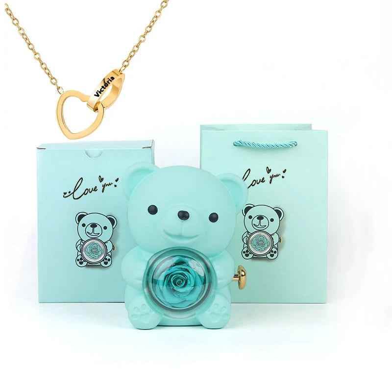 Eternal Rose Bear Gift Box - Engraved Necklace & Real Rose - RIYOVA Jewelry