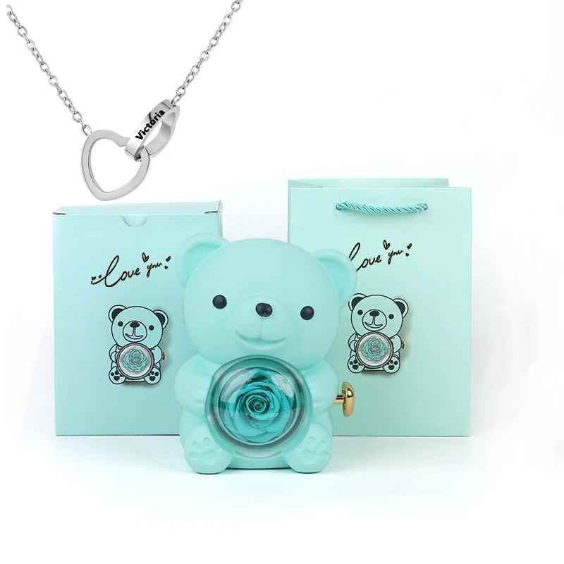 Eternal Rose Bear Gift Box - Engraved Necklace & Real Rose - RIYOVA Jewelry