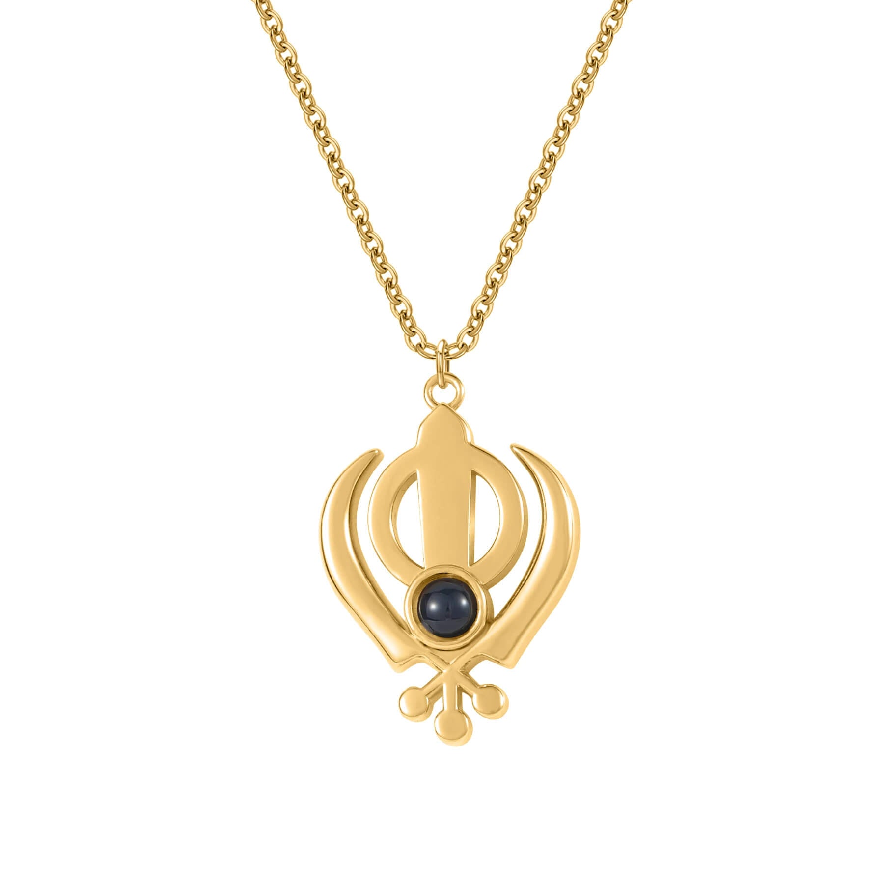 Gold 3D Khanda Pendant Necklace with customizable projection lens, ideal for Sikh jewelry lovers and meaningful gifting.