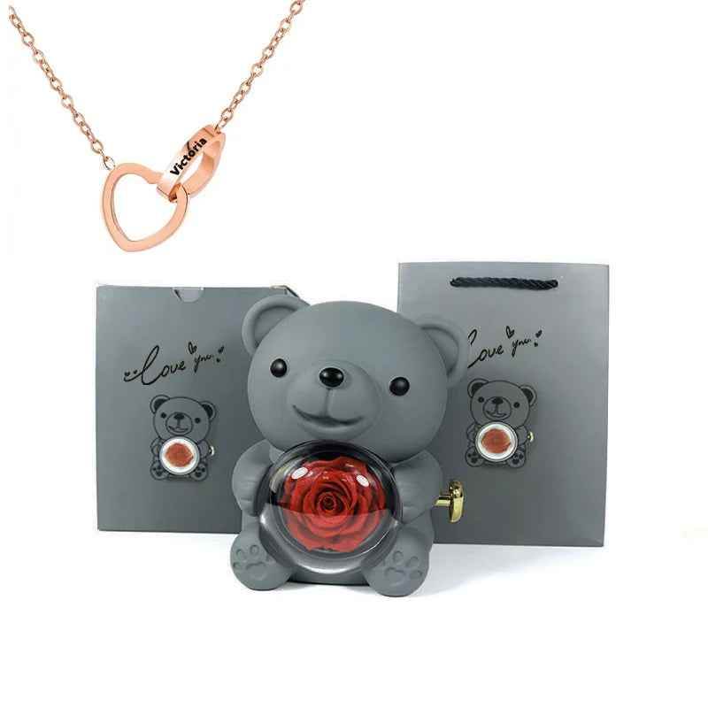 Eternal Rose Bear Gift Box - Engraved Necklace & Real Rose - RIYOVA Jewelry