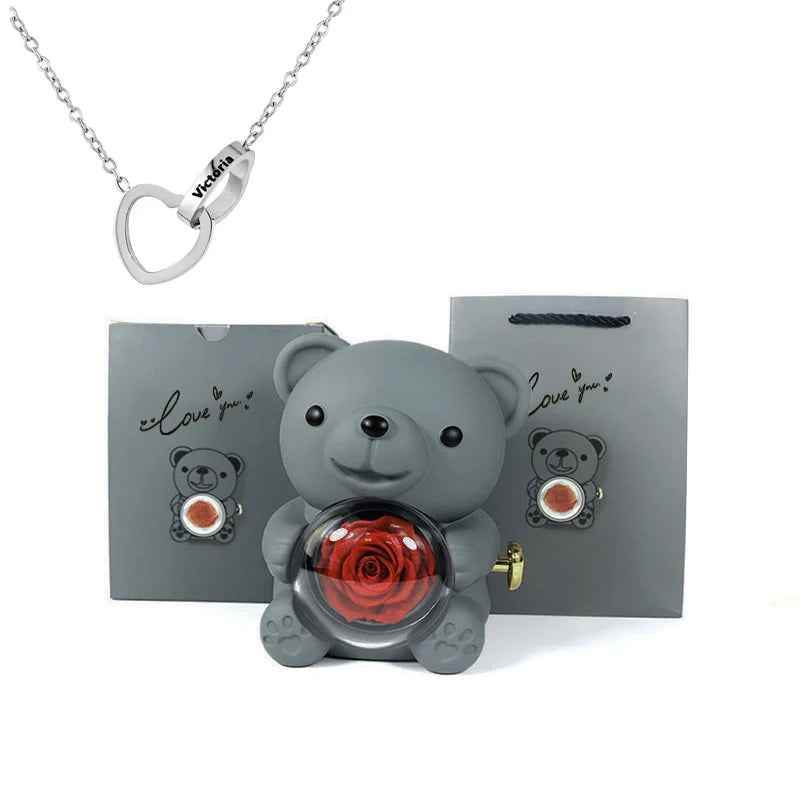 Eternal Rose Bear Gift Box - Engraved Necklace & Real Rose - RIYOVA Jewelry