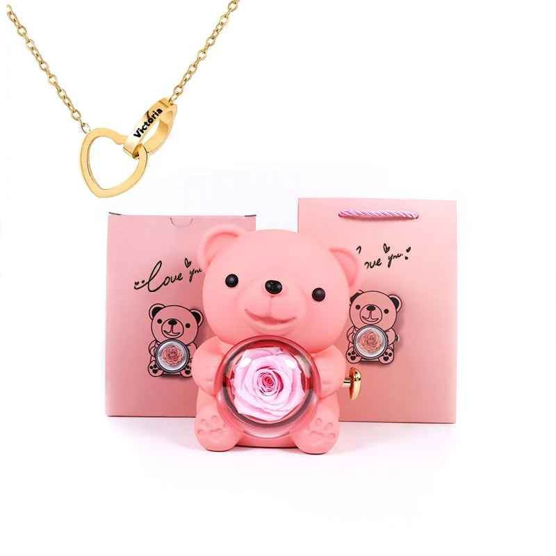 Eternal Rose Bear Gift Box - Engraved Necklace & Real Rose - RIYOVA Jewelry