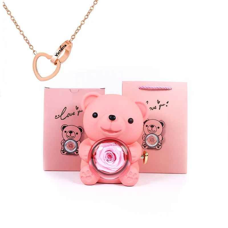 Eternal Rose Bear Gift Box - Engraved Necklace & Real Rose - RIYOVA Jewelry