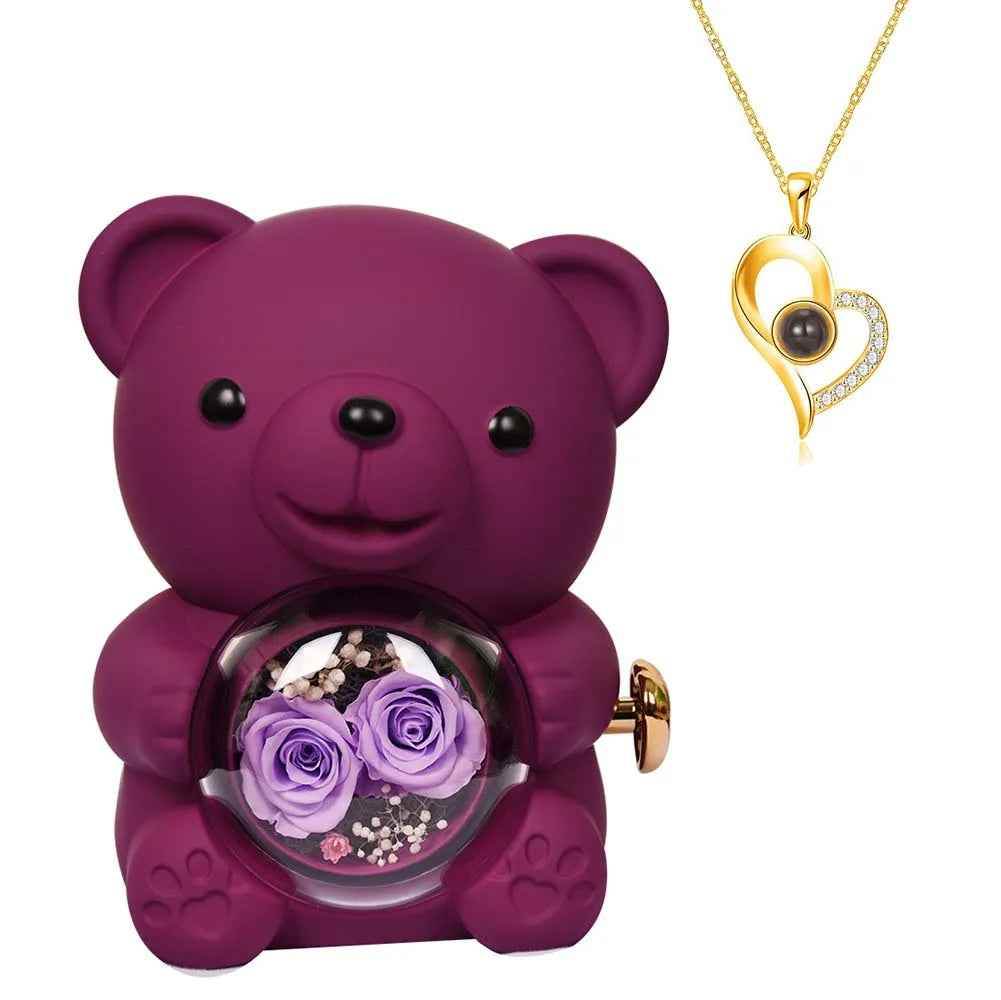 RIYOVA Two Eternal Rose Teddy Bear Projection Necklace - RIYOVA Jewelry