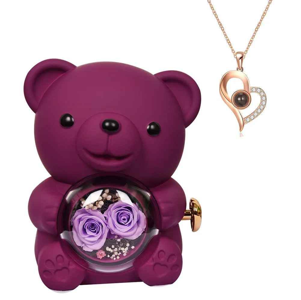 RIYOVA Two Eternal Rose Teddy Bear Projection Necklace - RIYOVA Jewelry