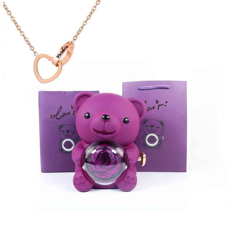 Eternal Rose Bear Gift Box - Engraved Necklace & Real Rose - RIYOVA Jewelry