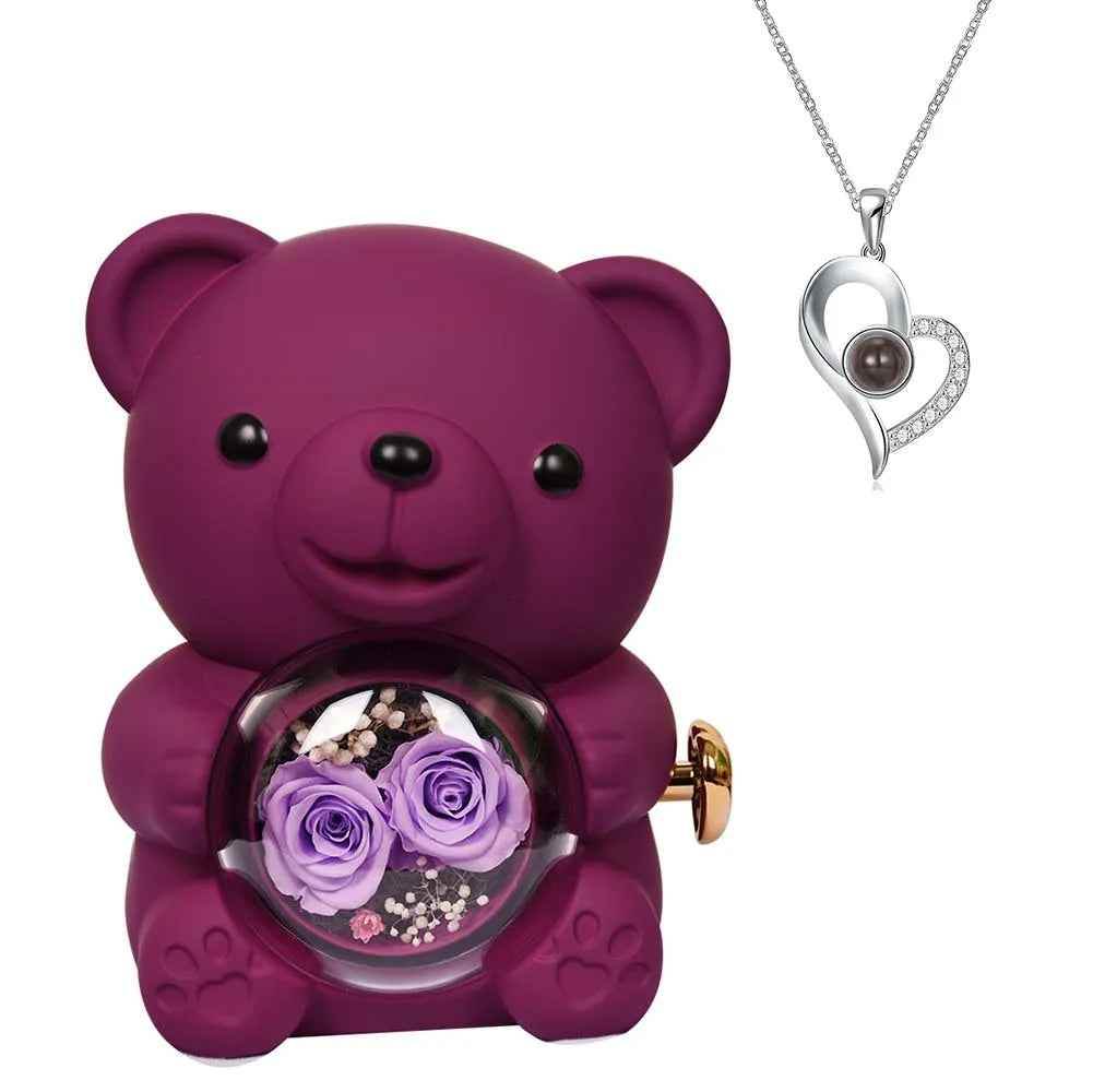 RIYOVA Two Eternal Rose Teddy Bear Projection Necklace - RIYOVA Jewelry