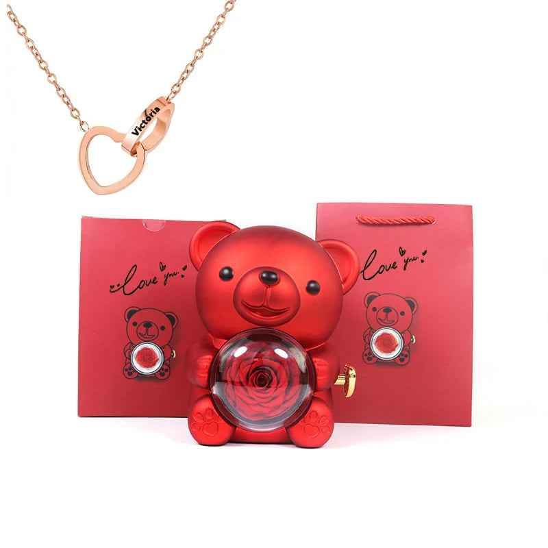 Eternal Rose Bear Gift Box - Engraved Necklace & Real Rose - RIYOVA Jewelry