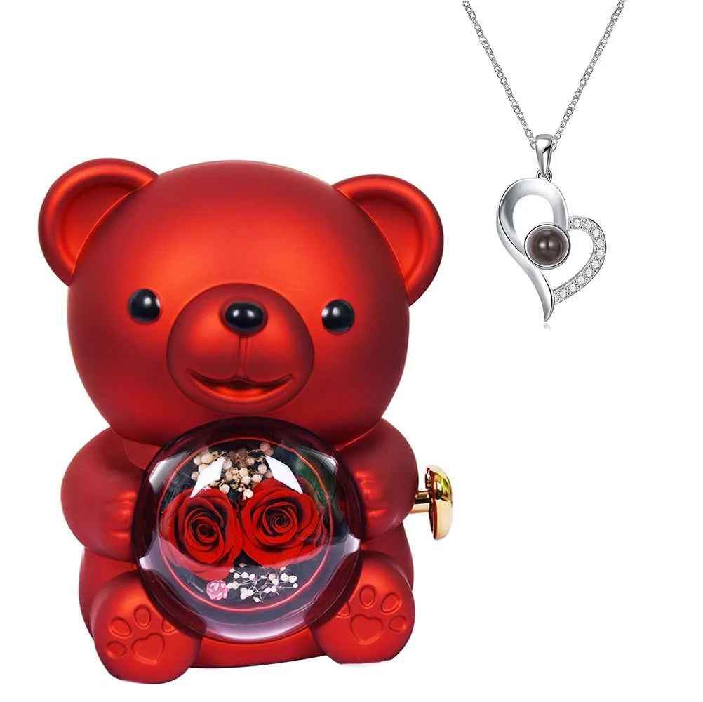 RIYOVA Two Eternal Rose Teddy Bear Projection Necklace - RIYOVA Jewelry