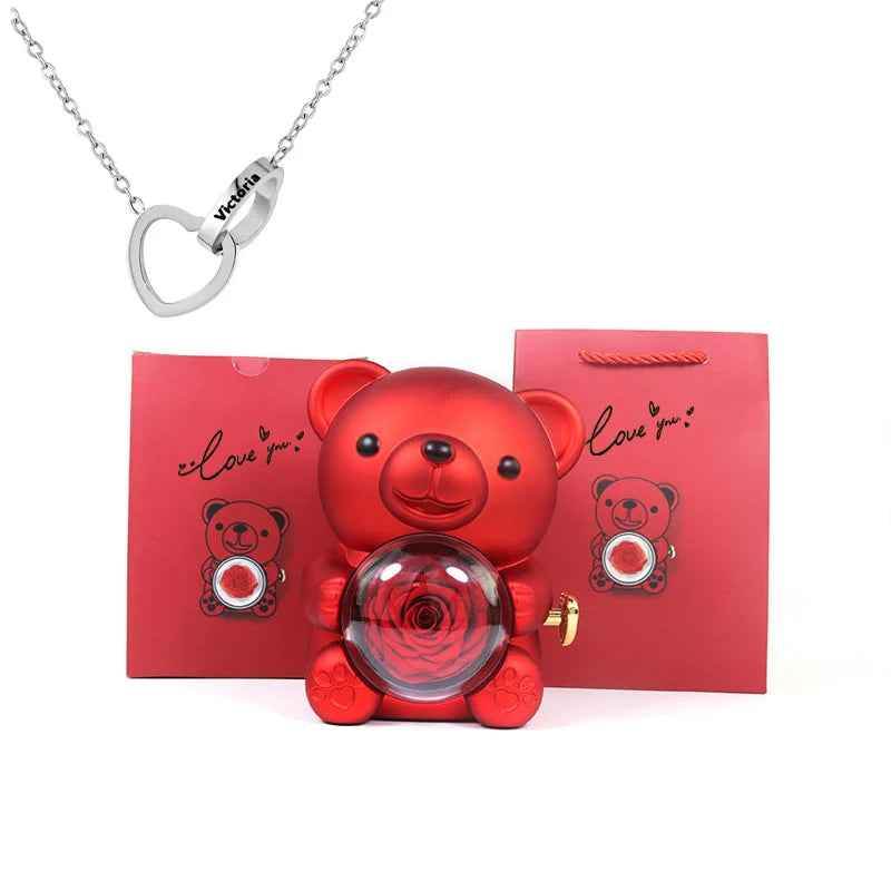 Eternal Rose Bear Gift Box - Engraved Necklace & Real Rose - RIYOVA Jewelry