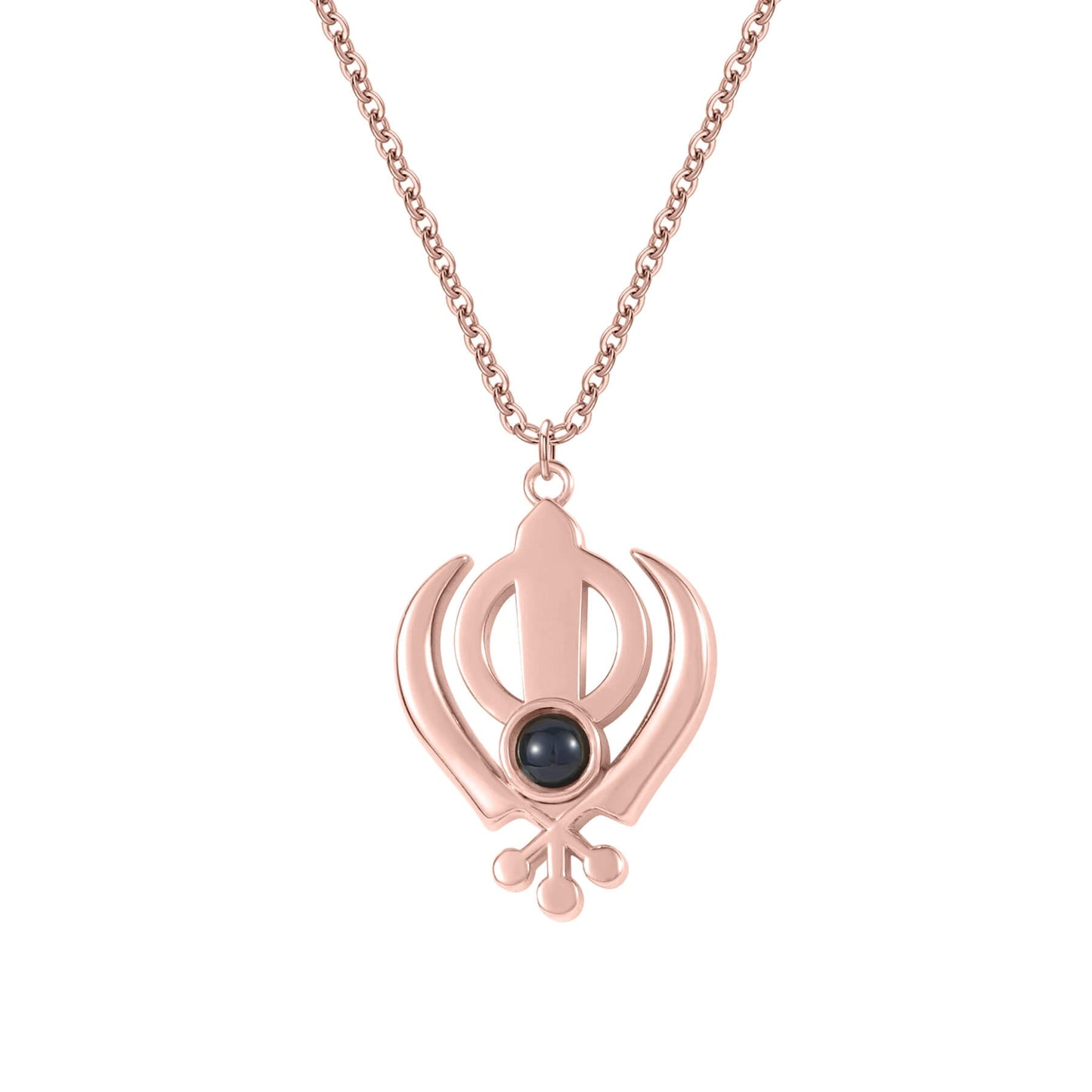 Rose gold 3D Khanda Pendant Necklace with central projection gem, a stylish and symbolic Sikh accessory for gifting.