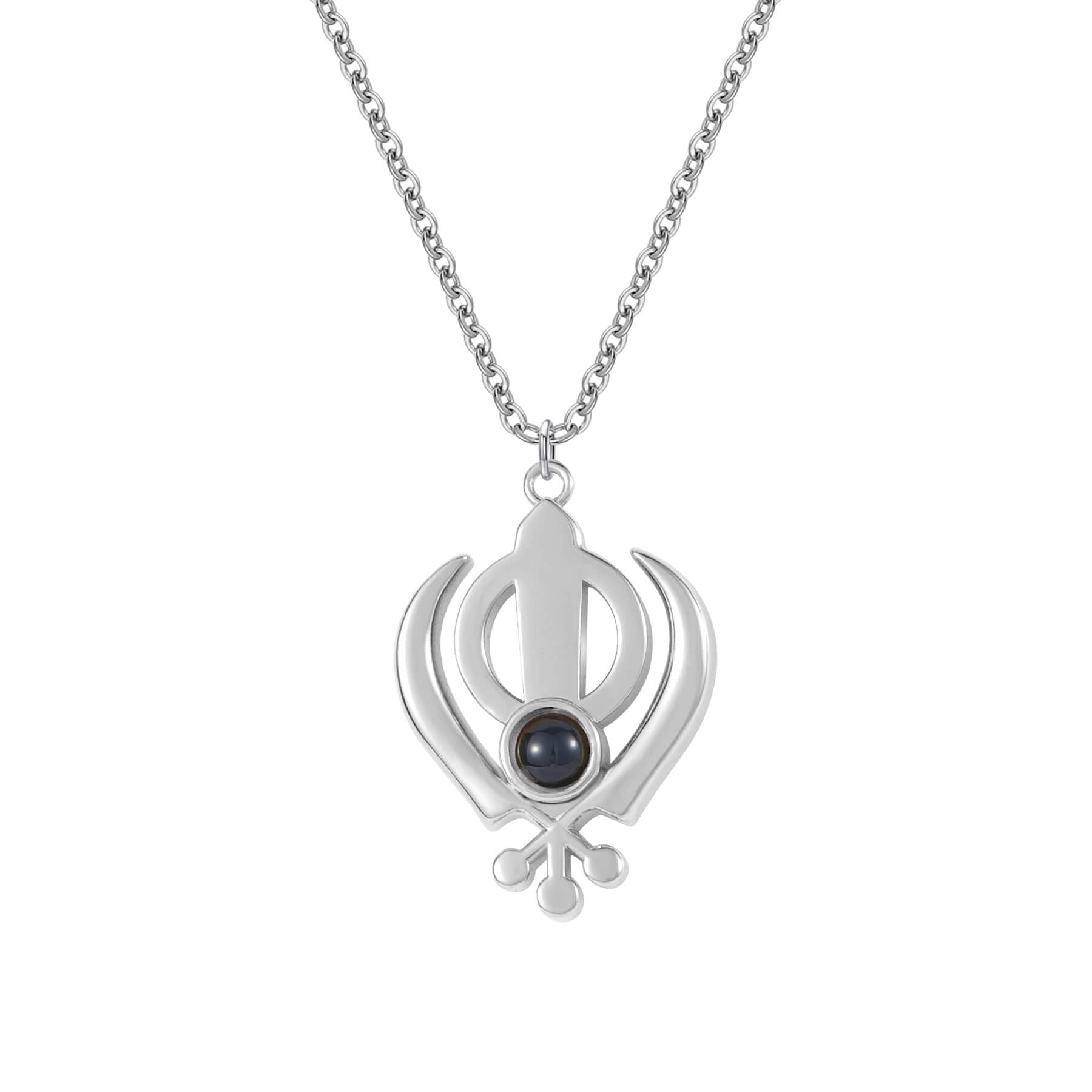 Silver 3D Khanda Pendant Necklace featuring a projection stone, perfect for personalized Sikh jewelry and spiritual gifts.