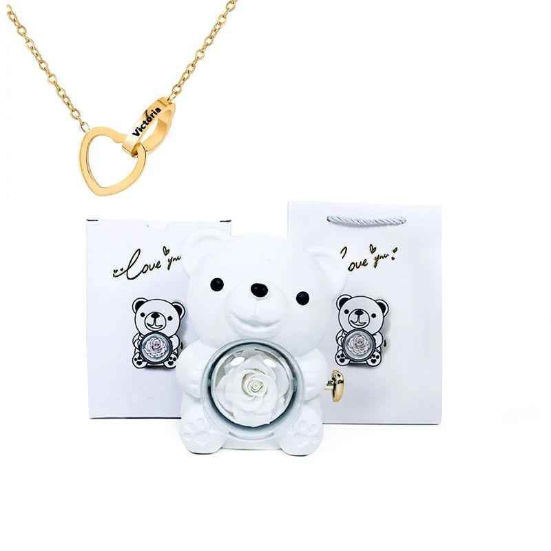 Eternal Rose Bear Gift Box - Engraved Necklace & Real Rose - RIYOVA Jewelry