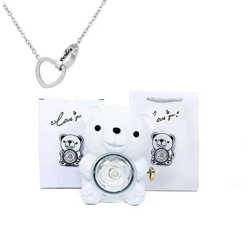 Eternal Rose Bear Gift Box - Engraved Necklace & Real Rose - RIYOVA Jewelry