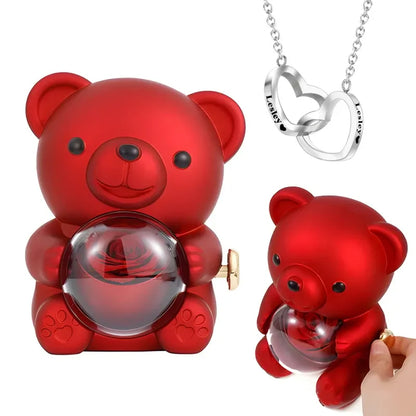 Eternal Rose Bear Gift Box - Engraved Necklace & Real Rose