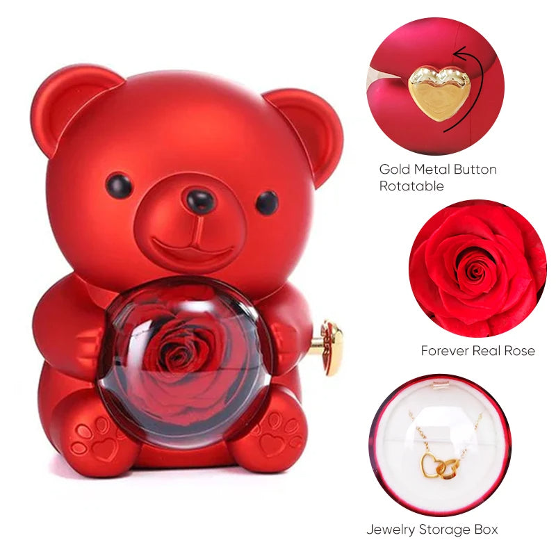 Eternal Rose Bear Gift Box - Engraved Necklace & Real Rose