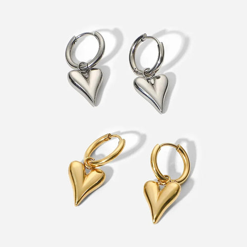 Chic Heart Hoop Earrings in silver and gold, featuring heart-shaped pendants for a modern elegant look.