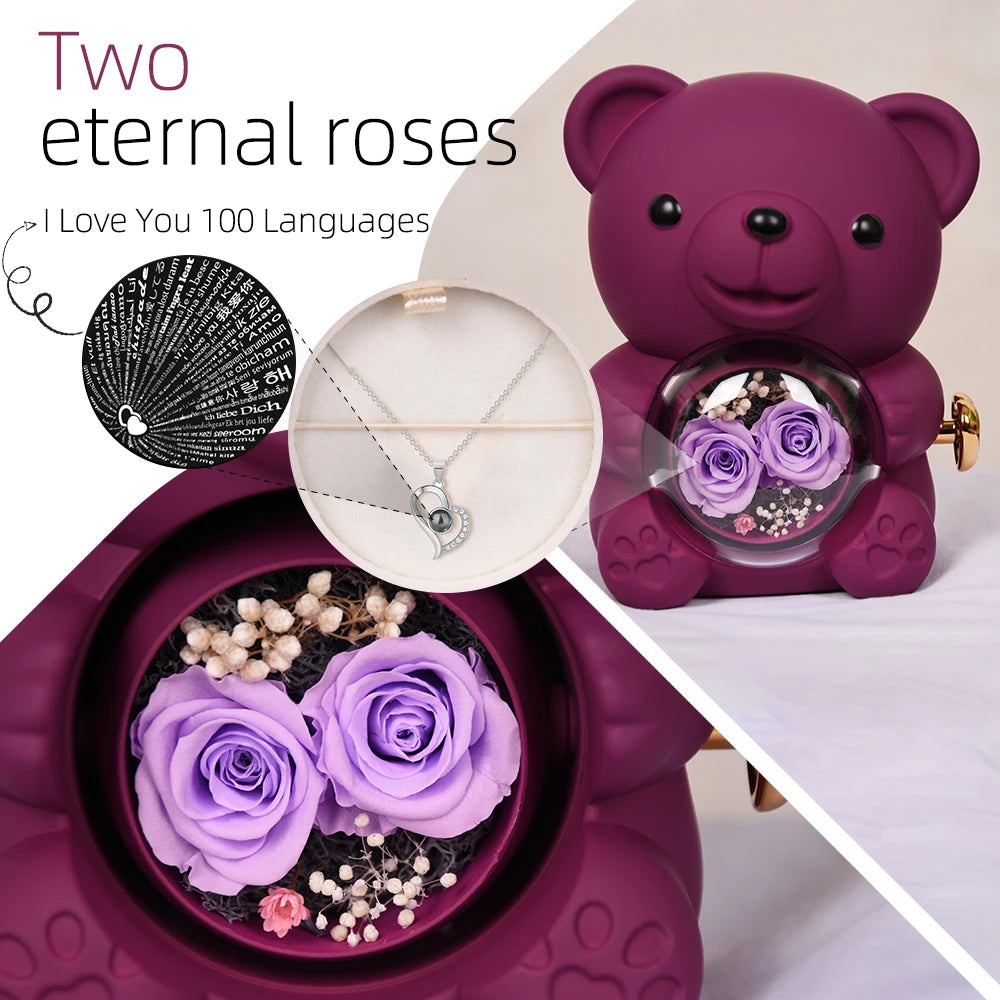 RIYOVA Two Eternal Rose Teddy Bear Projection Necklace