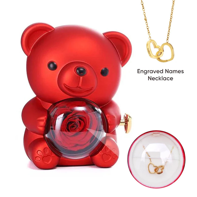 Eternal Rose Bear Gift Box - Engraved Necklace & Real Rose