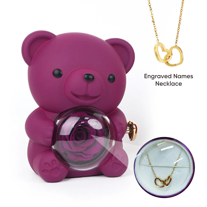 Eternal Rose Bear Gift Box - Engraved Necklace & Real Rose