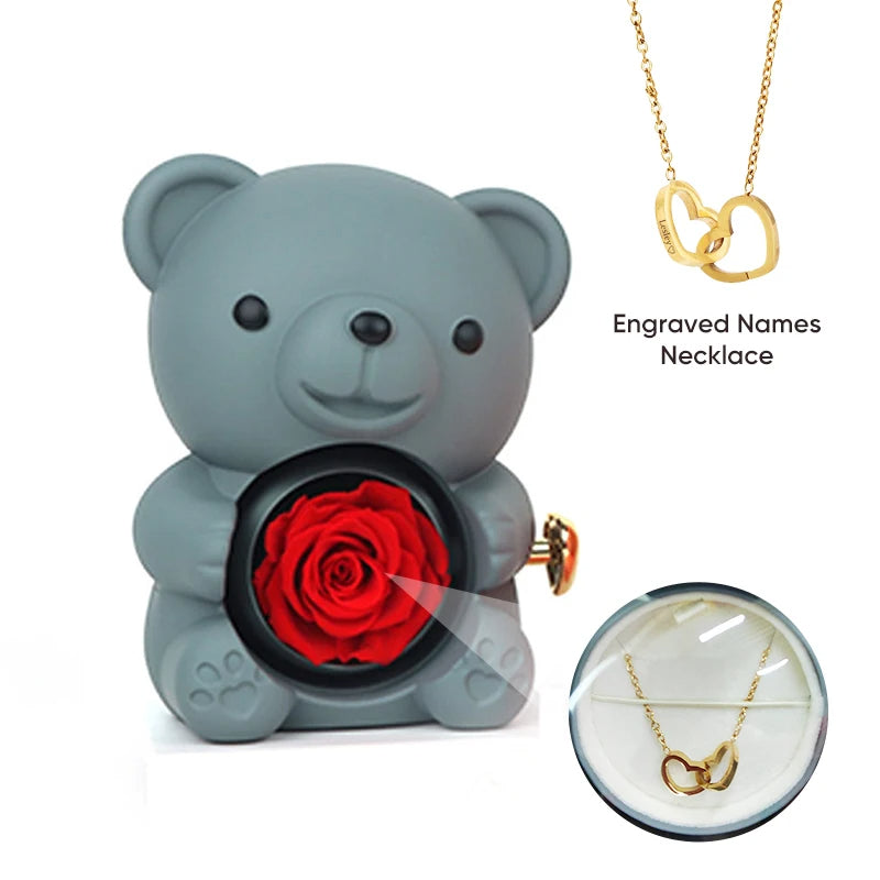 Eternal Rose Bear Gift Box - Engraved Necklace & Real Rose