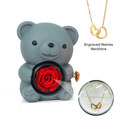 Eternal Rose Bear Gift Box - Engraved Necklace & Real Rose