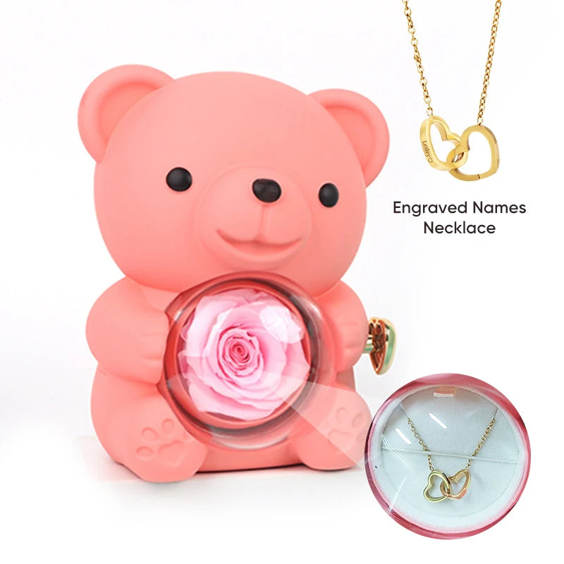 Eternal Rose Bear Gift Box - Engraved Necklace & Real Rose