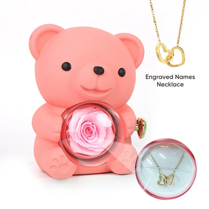 Eternal Rose Bear Gift Box - Engraved Necklace & Real Rose