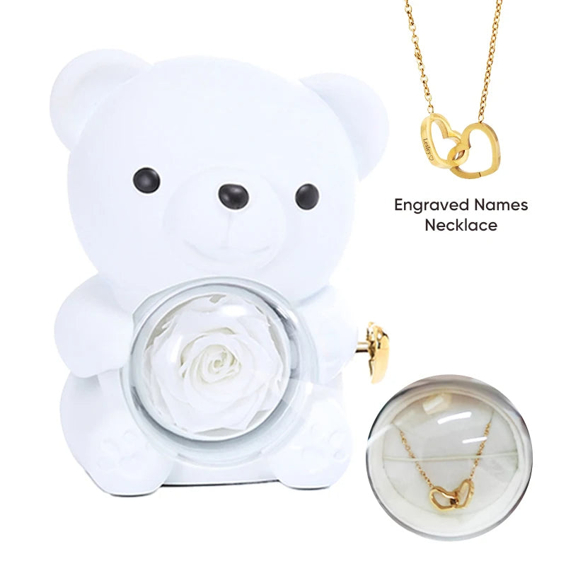 Eternal Rose Bear Gift Box - Engraved Necklace & Real Rose