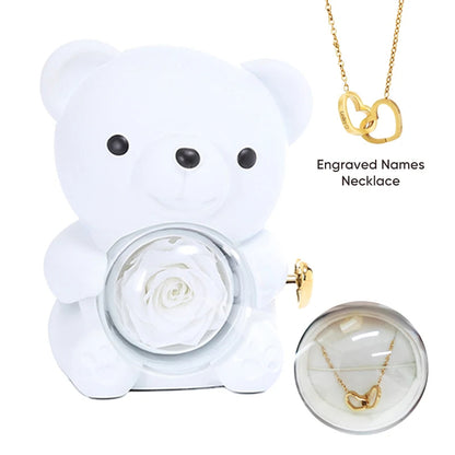 Eternal Rose Bear Gift Box - Engraved Necklace & Real Rose