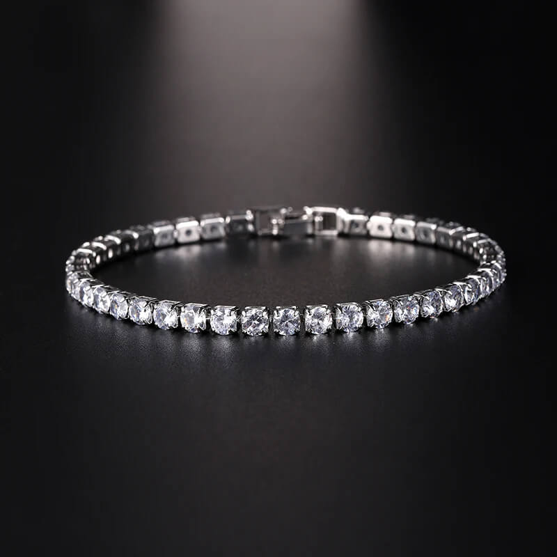 Front view of silver iced out tennis bracelet with clear zirconia stones, perfect for bold hip hop fashion statements.