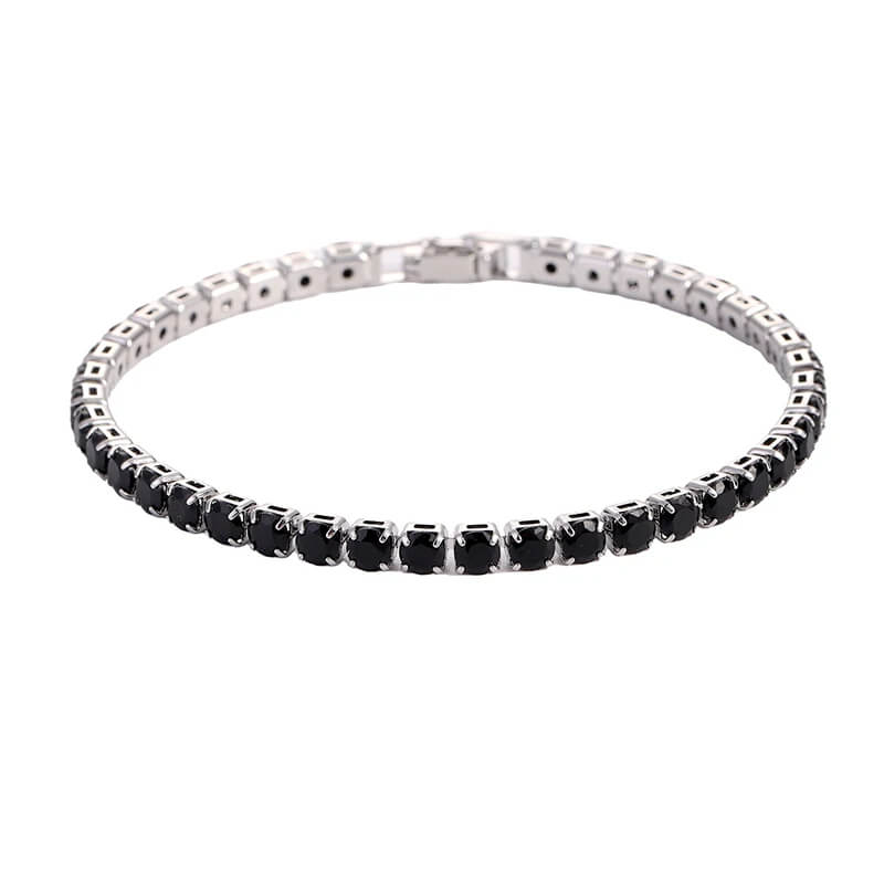 Black iced out tennis bracelet with dark cubic zirconia stones, sleek hip hop jewelry for men and women.