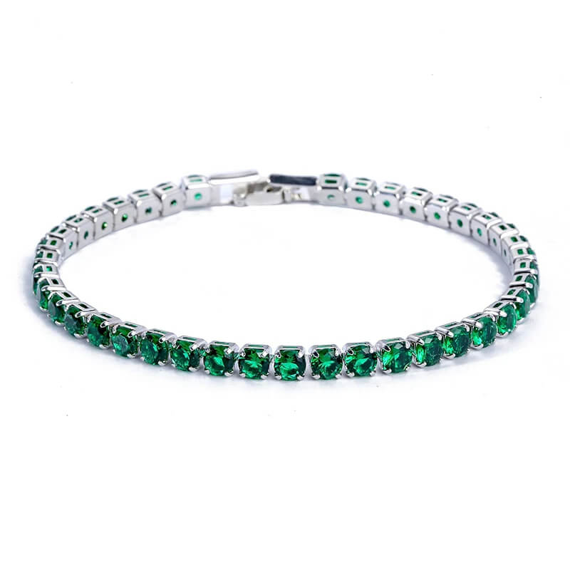 Emerald green iced out tennis bracelet with vibrant zirconia stones, trendy hip hop jewelry for men and women.