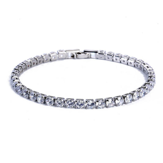 Silver iced out tennis bracelet with clear cubic zirconia stones, ideal for hip hop fashion in men's and women's jewelry collections.