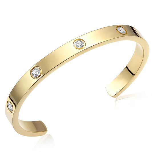 Minimalist gold love cuff bracelet with zirconia stones, waterproof and hypoallergenic, ideal for elegant everyday wear or romantic gifts.