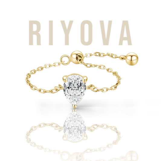 Crystal Self Love Drop Chain Ring in gold with pear-shaped zircon stone and adjustable bead link design.